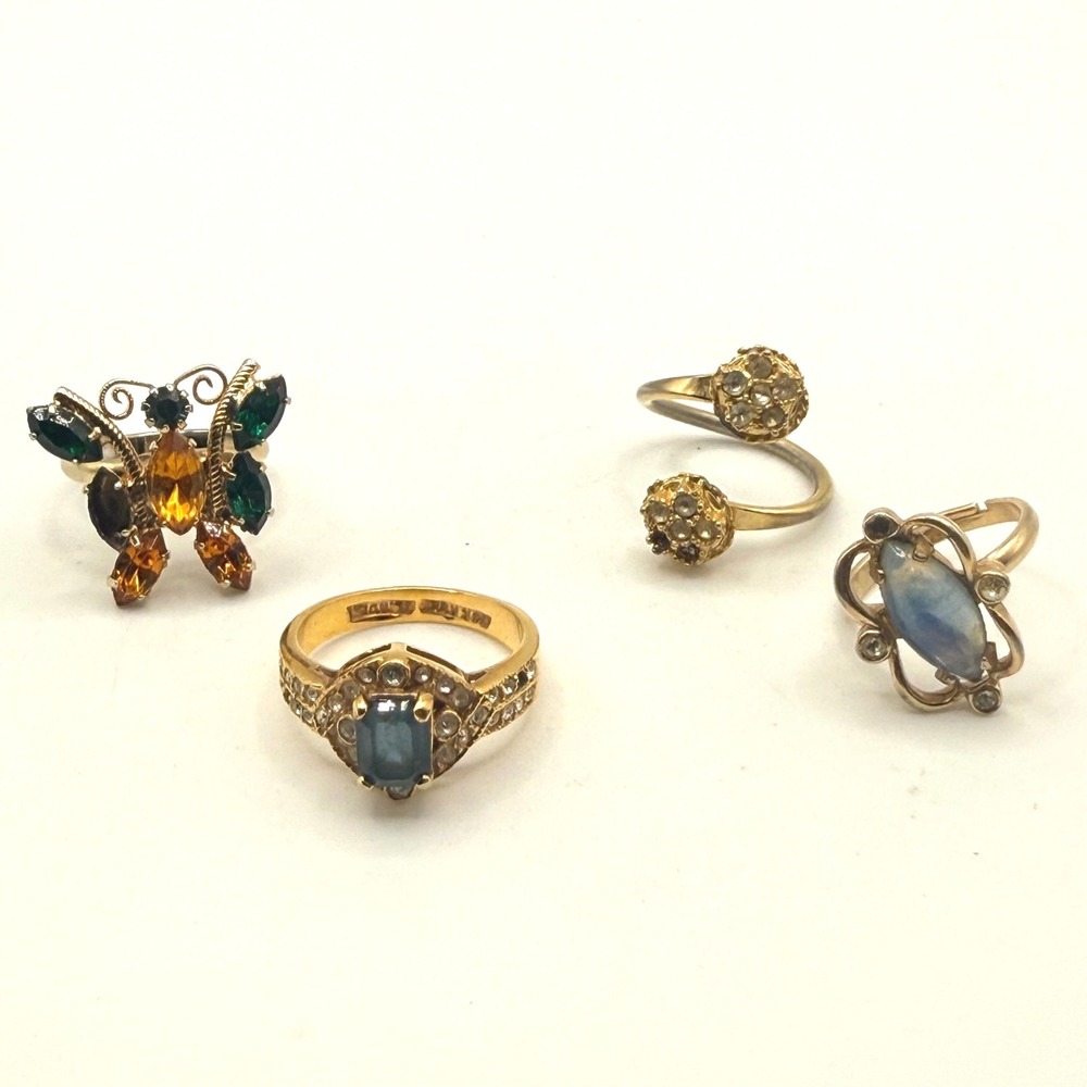 Costume Ring Lot of 4 MISSING STONES Butterfly Cocktail Bypass Gold Tone